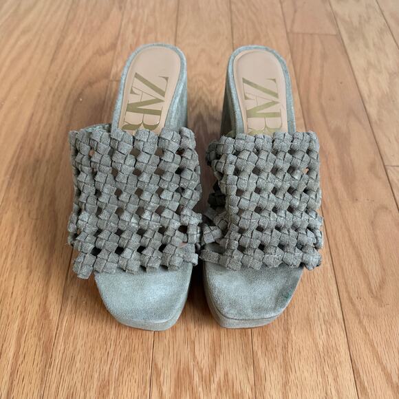 Zara sz 7 green chuncky‎ platform heeled woven slide sandals - Picture 9 of 9